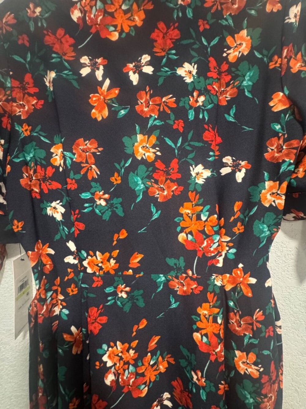 Calvin Klein Floral Belted Midi Dress Navy Orange Green MSRP $139 - Picture 8 of 9